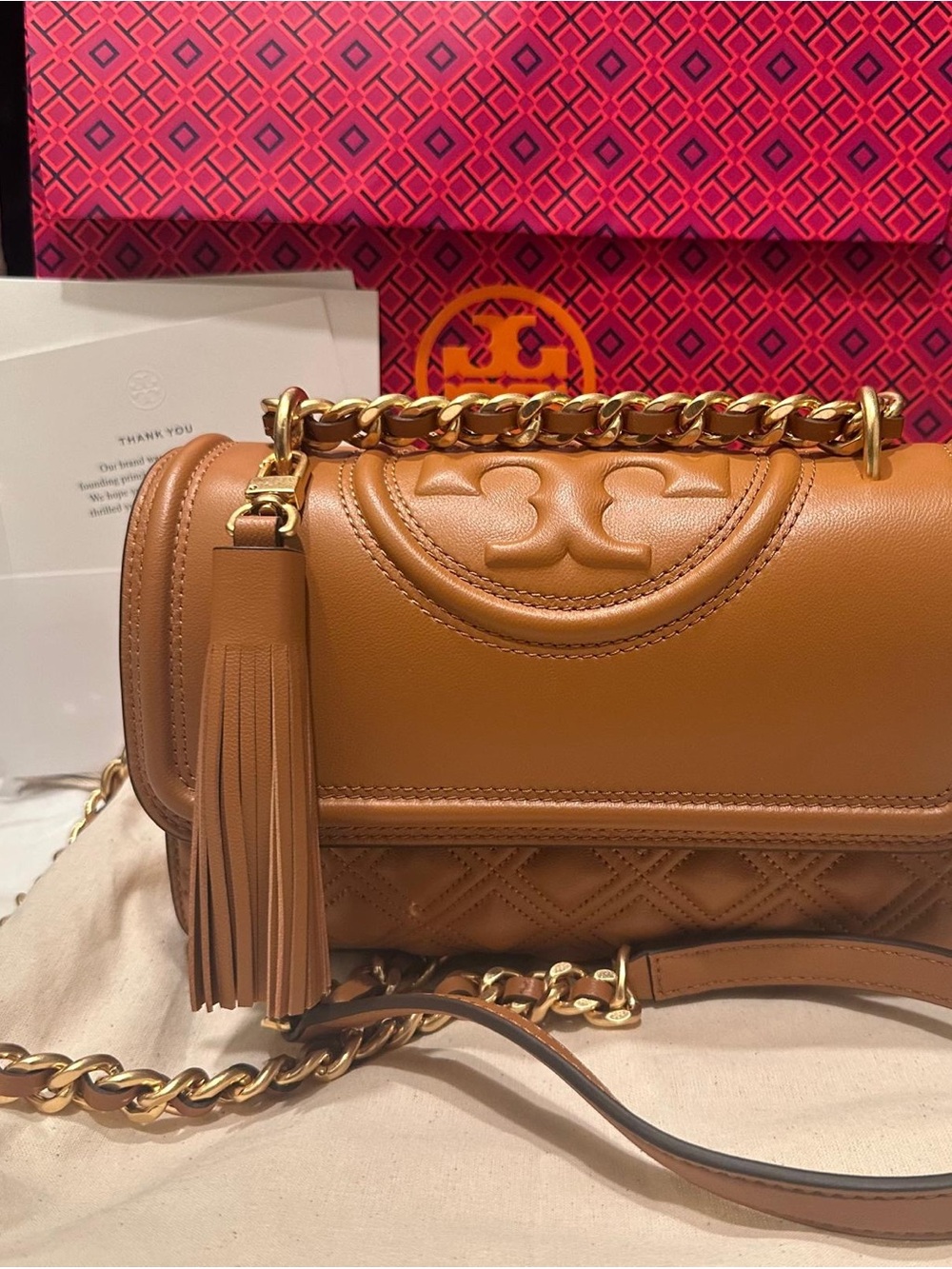 Tory Burch Camel Quilted Leather Shoulder Bag with Tassel